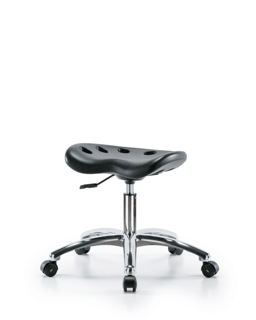 A black stool with wheels on a white background.